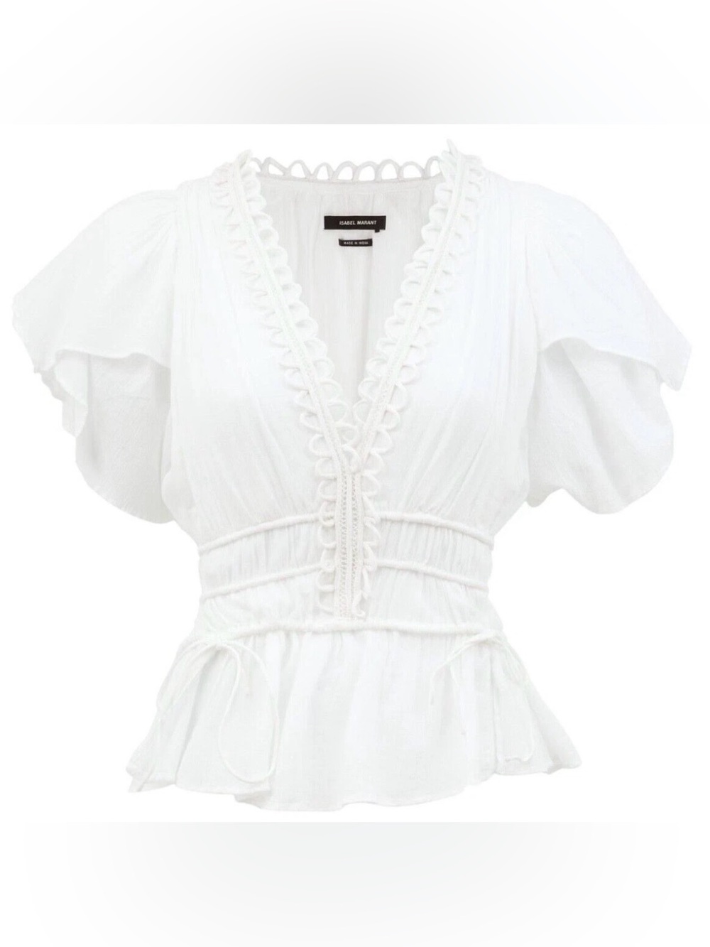 Isabel Marant Yemila Top Shirt Embroidered Ruched Cotton Flutter Sleeve Sz XS - Picture 3 of 9